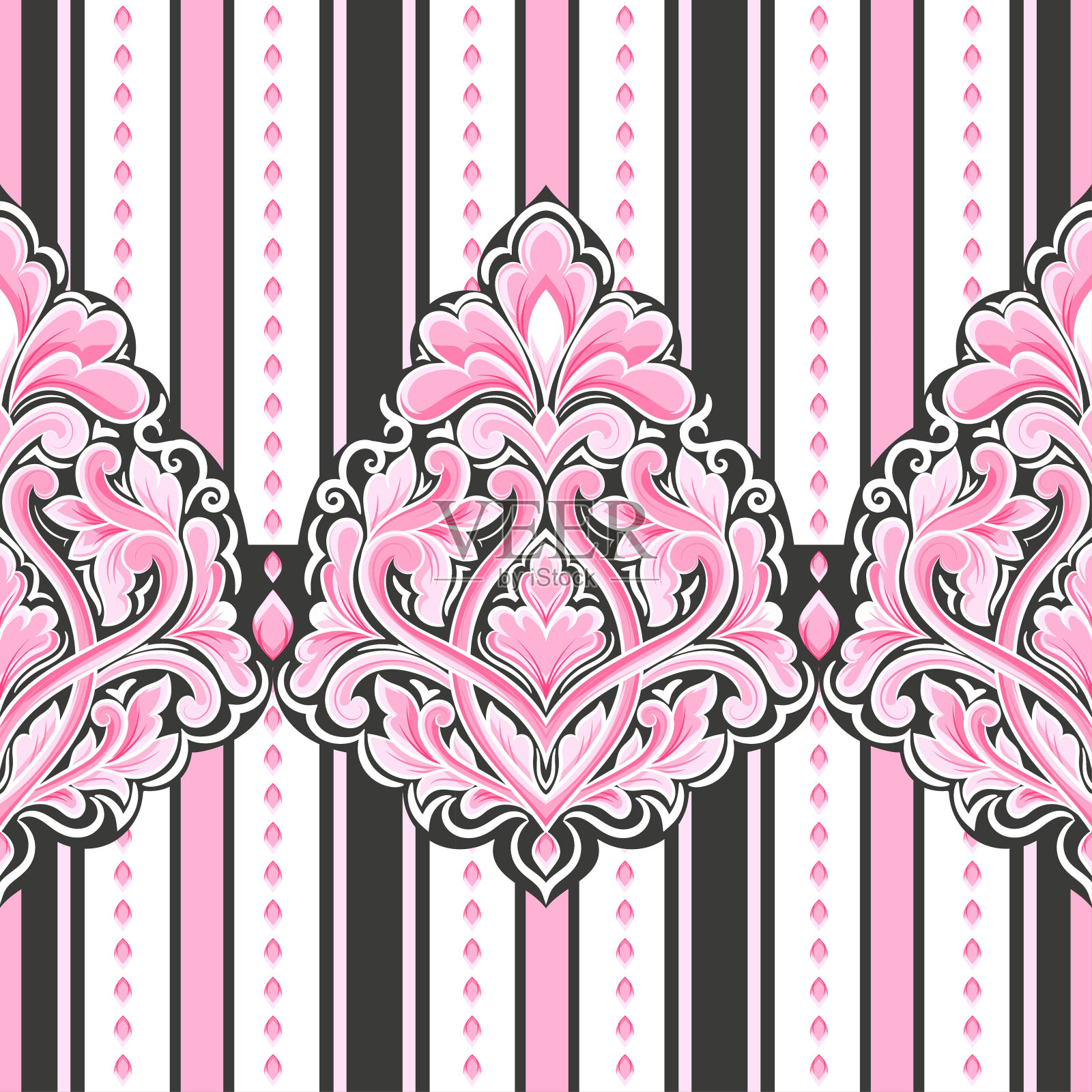 粉色、黑色和白色绫矢量无缝图案。复古，佩斯利元素。传统的土耳其图案。伟大的织物和纺织品，墙纸，包装或任何理想的想法。插画图片素材