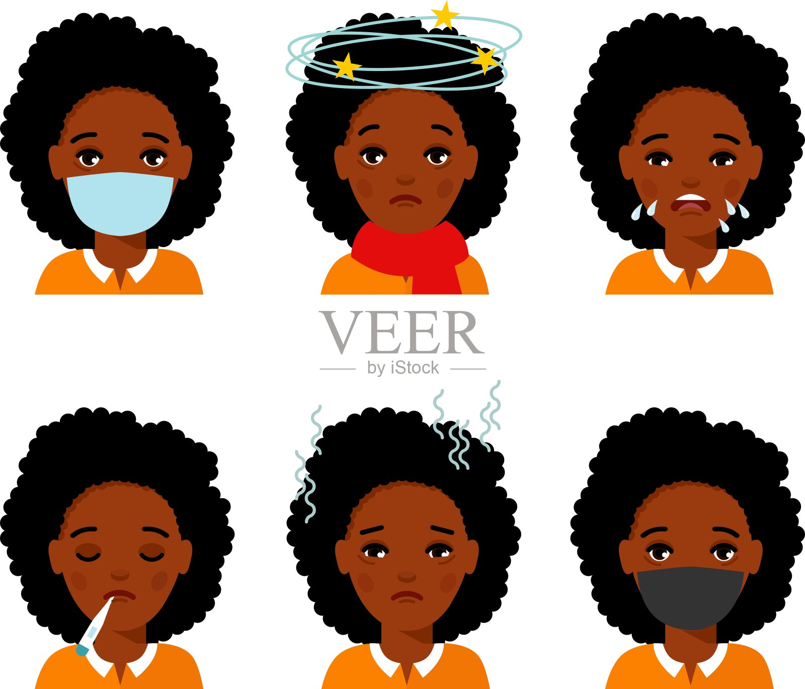 群病非裔美国人女性，肺炎，温度，打喷嚏，头痛的媒介说明。插画图片素材