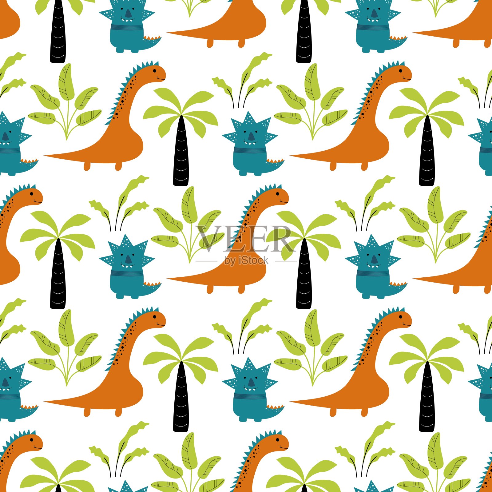 恐龙可爱的孩子无缝图案。小可爱的恐龙。矢量插图。小恐龙斯堪的纳维亚风格。涂鸦有趣的动物设计幼稚的纺织品。插画图片素材