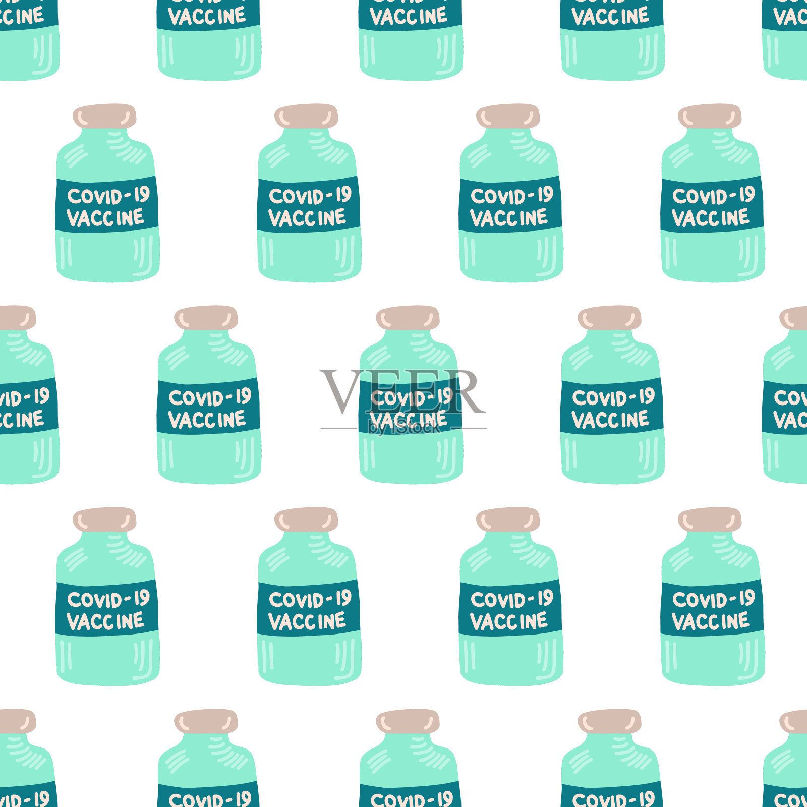 疫苗瓶冠状病毒无缝载体模式。重复背景Covid - vid疫苗剂量手绘插图。疫苗接种剂量。停止Covid。预防、免疫和治疗Covid-19。插画图片素材