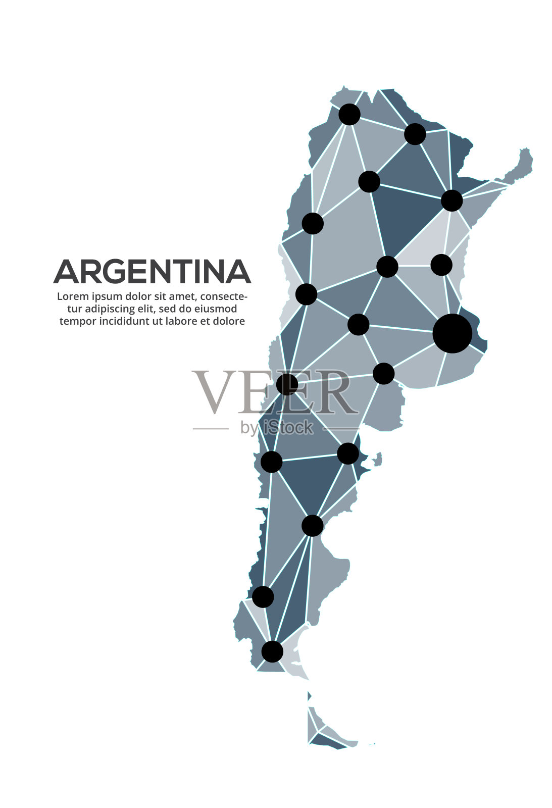 阿根廷通讯网络地图。带有城市灯光的低多边形全局地图的矢量图像。以三角形和点的形式绘制地图插画图片素材