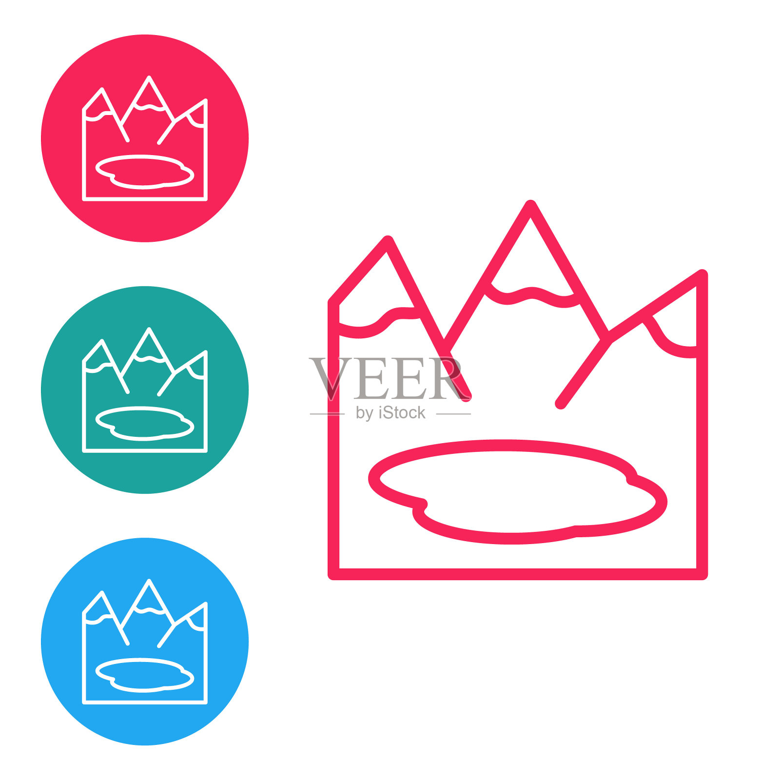 红线加拿大风景与山脉和湖泊图标孤立在白色的背景。在圆形按钮中设置图标。向量图标素材