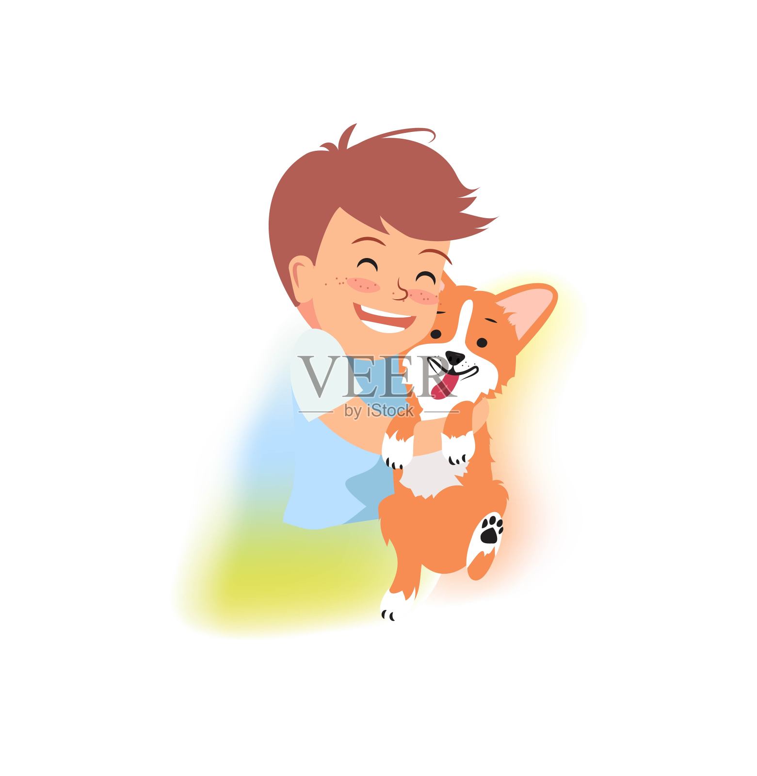 可爱的小男孩正在抱狗。插画图片素材