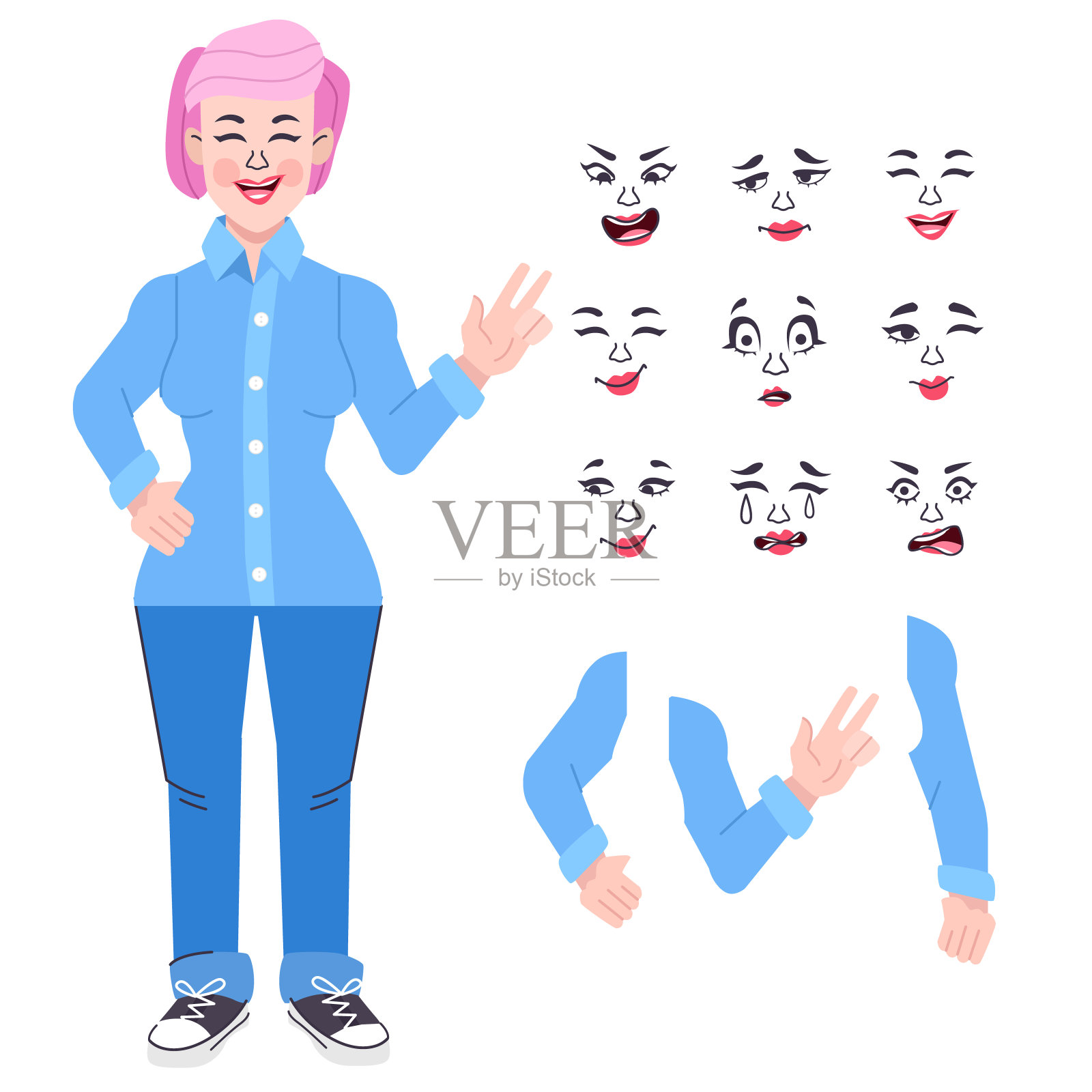 收集一个年轻女子的各种姿势和情绪。女孩的性格，矢量插图卡通风格插画图片素材