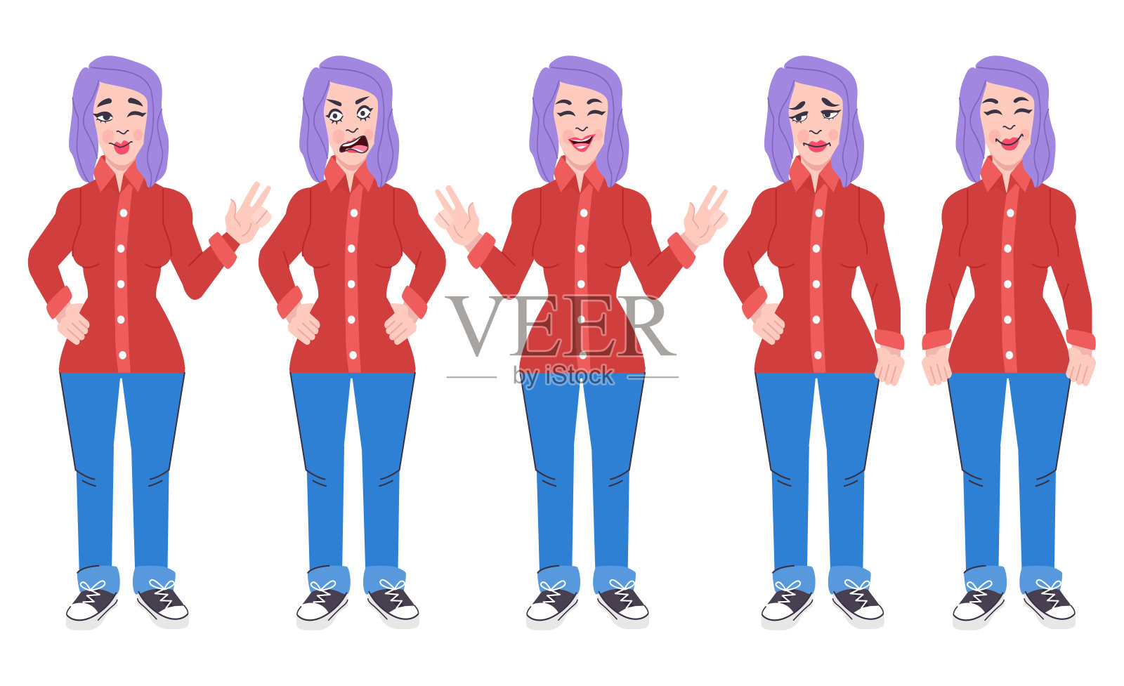 收集一个年轻女子的各种姿势和情绪。女孩的性格，矢量插图卡通风格插画图片素材