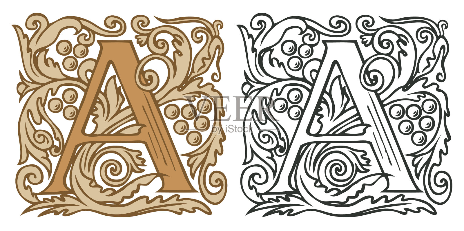 复古的首字母a带有巴洛克式装饰插画图片素材