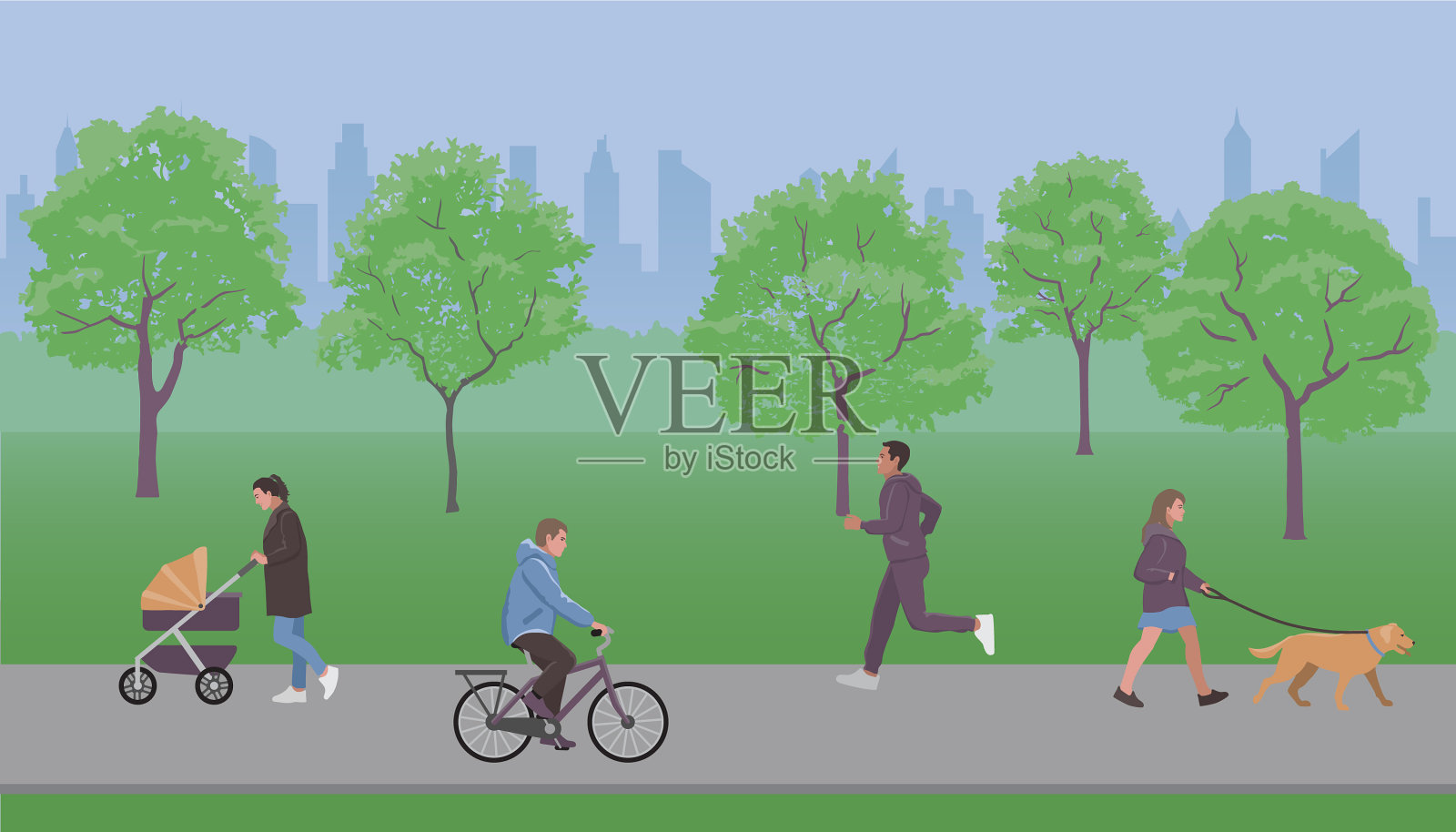 人们在城市公园里散步插画图片素材