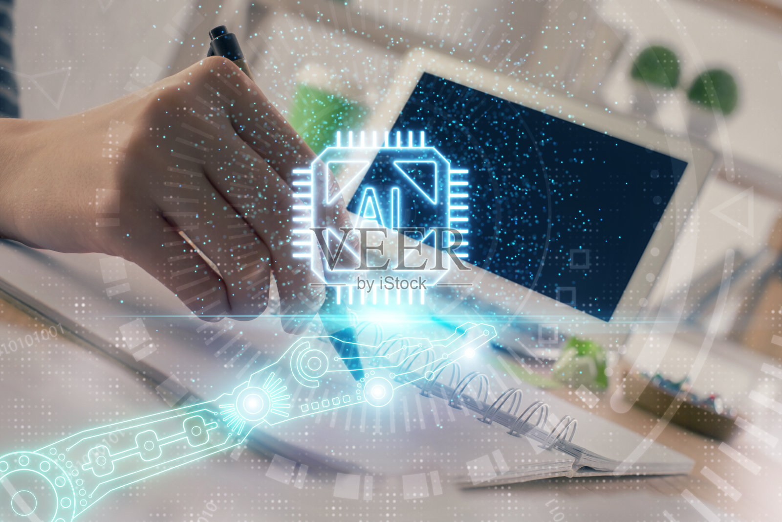 双手用数字编码图标做笔记的双重曝光。计算机学习的概念。照片摄影图片