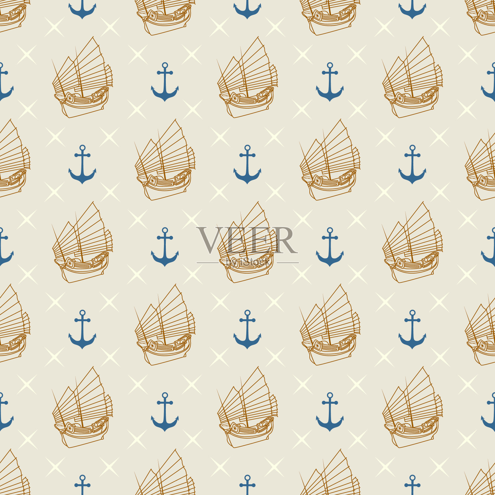 有锚和帆船的船用无缝图案。色板图案插画图片素材