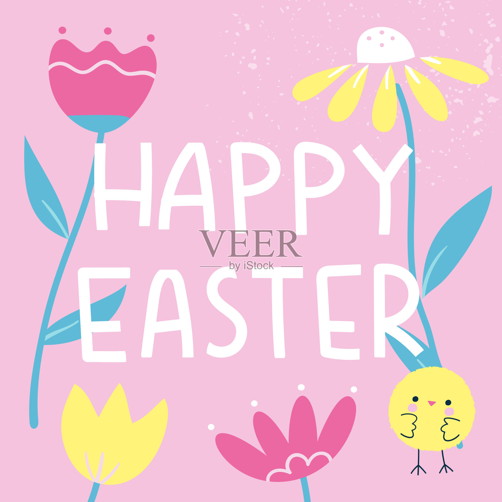 矢量插图的快乐复活节祝愿，各种鲜花和可爱的鸡在时尚的卡通风格。插画图片素材