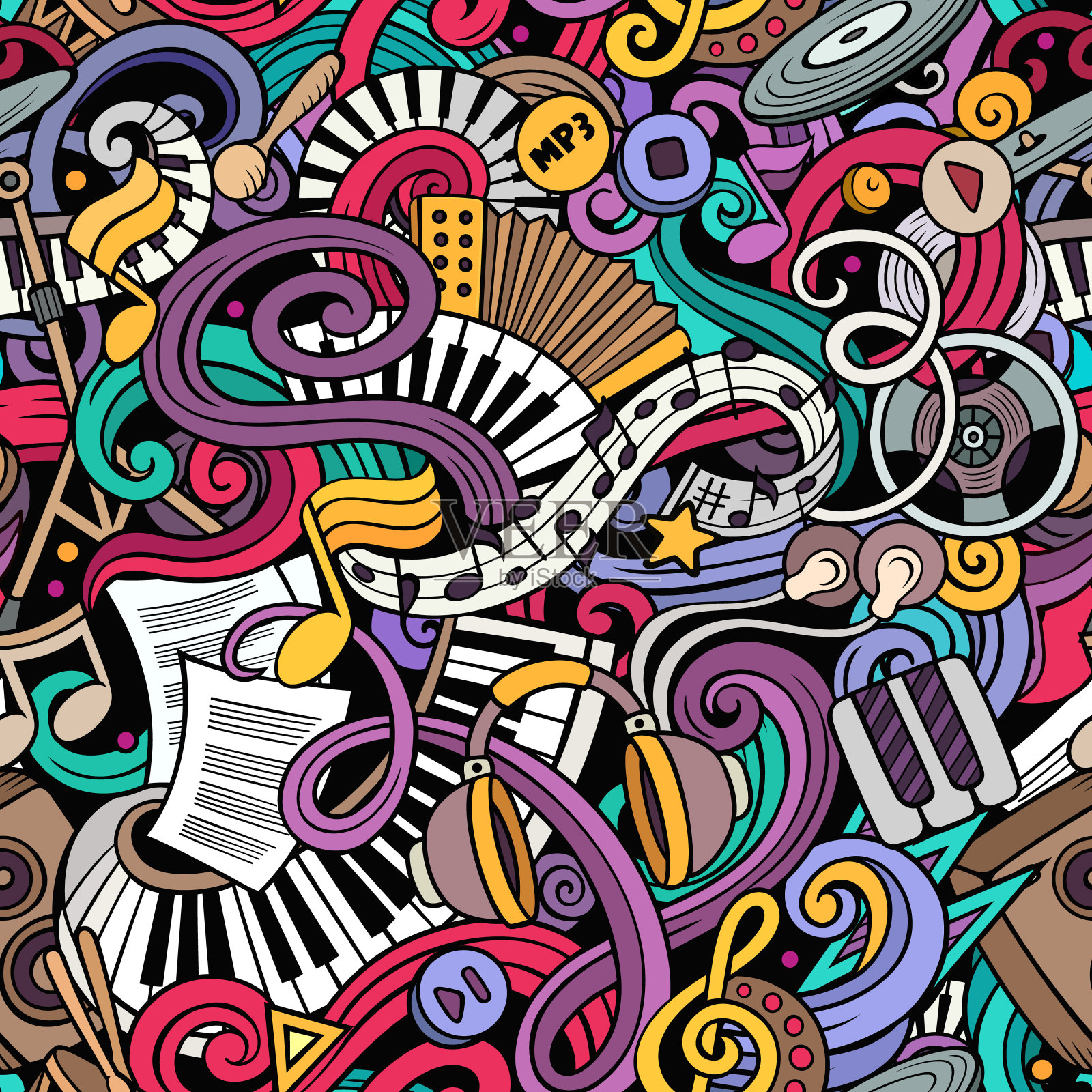 音乐手绘涂鸦无缝图案。乐器的背景。插画图片素材