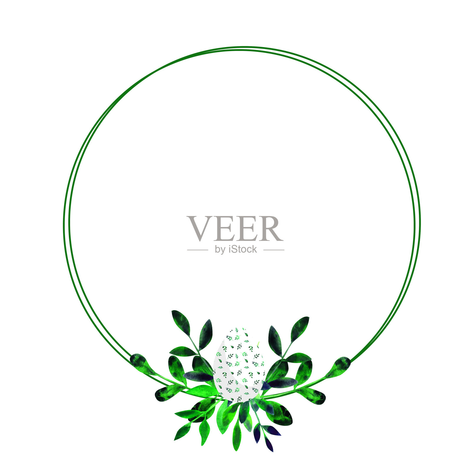 水彩复活节框架与鸡蛋和叶子孤立在白色的背景。绿色的花卉剪纸艺术。圆形的春天节日花环为您设计。复活节贺卡快乐。绿色背景。插画图片素材