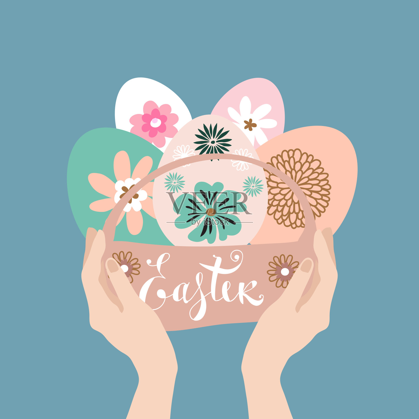 复活节贺卡，有女孩的网络横幅，宠物和手拿着鸡蛋插画图片素材