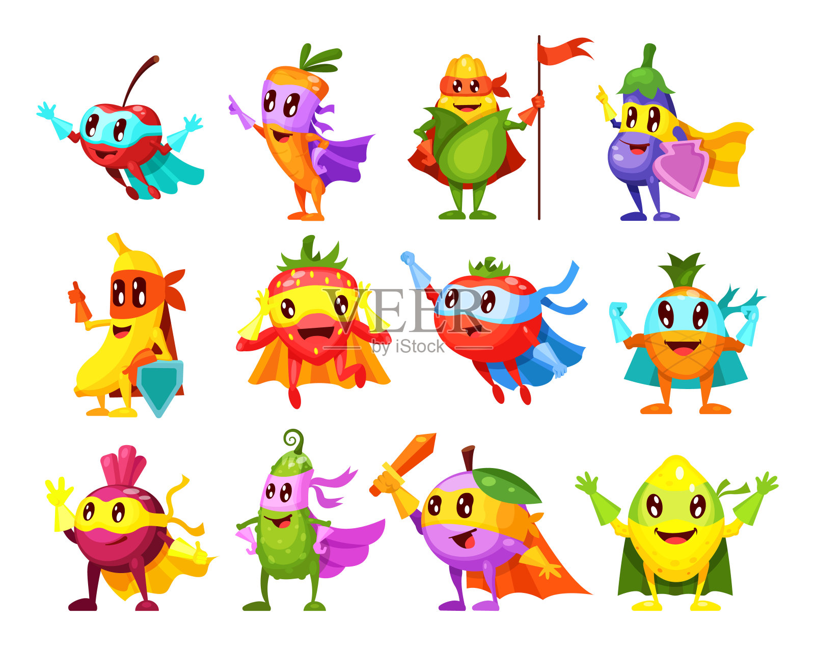 超级英雄水果，蔬菜。人物在不同的姿势在服装面具。蔬菜人物超级英雄柠檬、菠萝、草莓、樱桃、香蕉、胡萝卜、茄子、玉米、甜菜、李子插画图片素材
