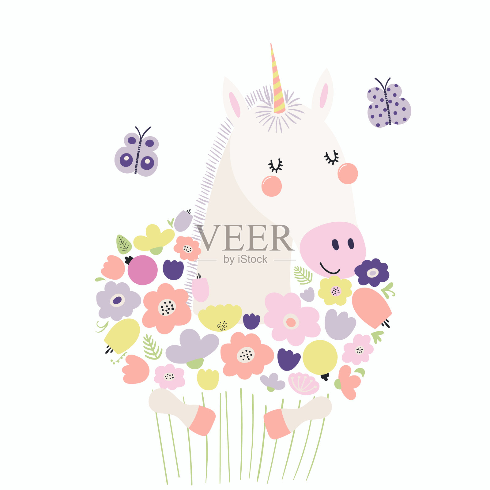可爱的带花独角兽插画图片素材
