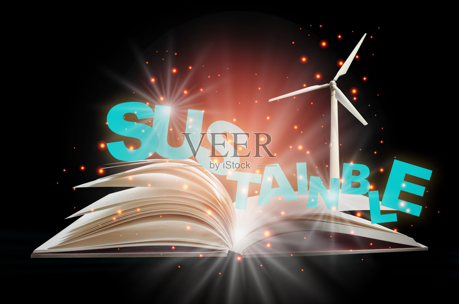 可持续的词和风力涡轮机在开放的白纸幻想书与发光的页孤立在黑色的背景照片摄影图片
