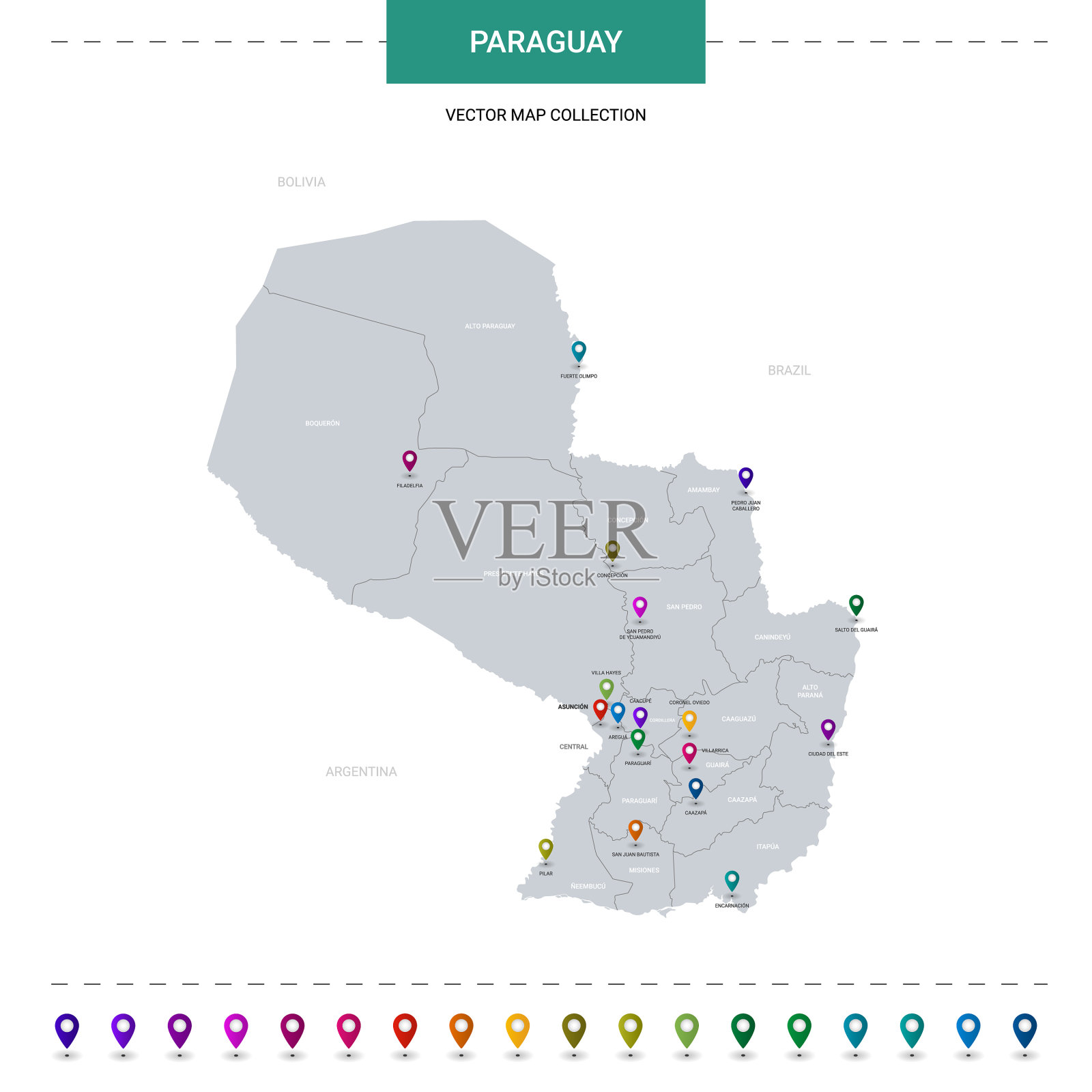 带有位置指针标记的巴拉圭地图设计模板素材