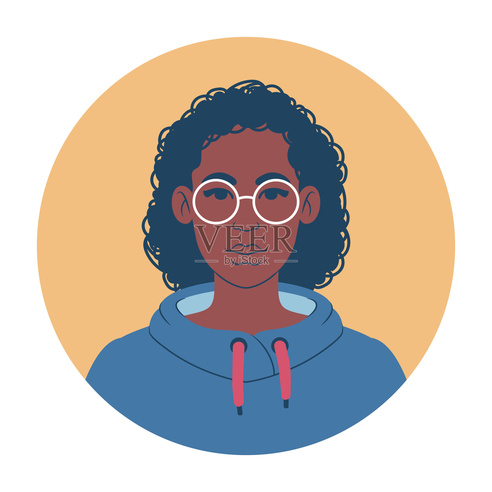 一个年轻的非洲妇女的肖像穿着一件色彩鲜艳的帽衫，戴着眼镜。卡通少年阿凡达。平面插画风格。插画图片素材