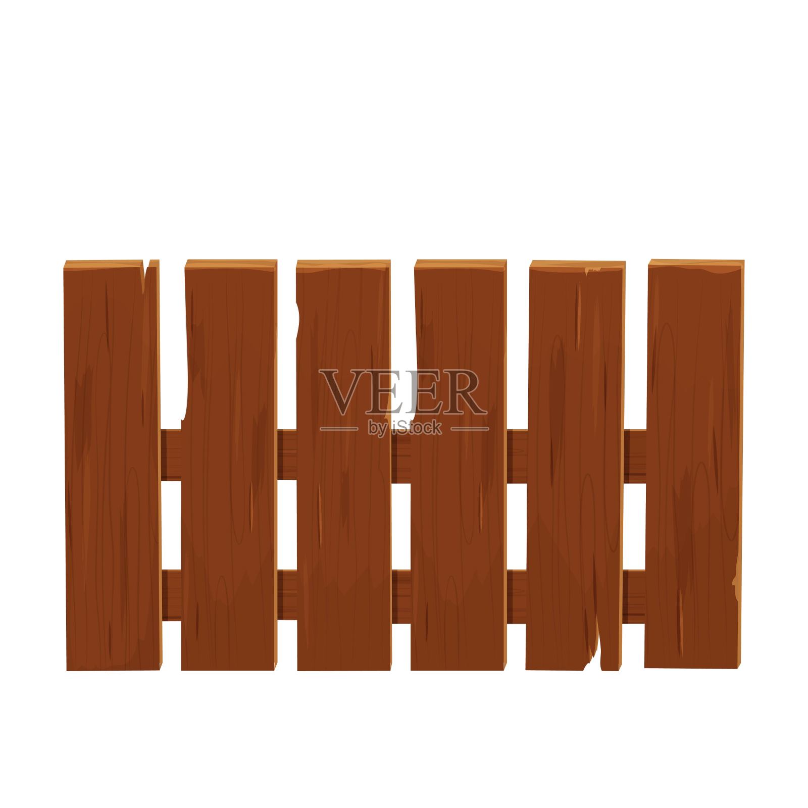 木制卡通栅栏纹理，详细孤立在白色背景。用木板建造的乡村建筑，乡村的旧屏障。插画图片素材