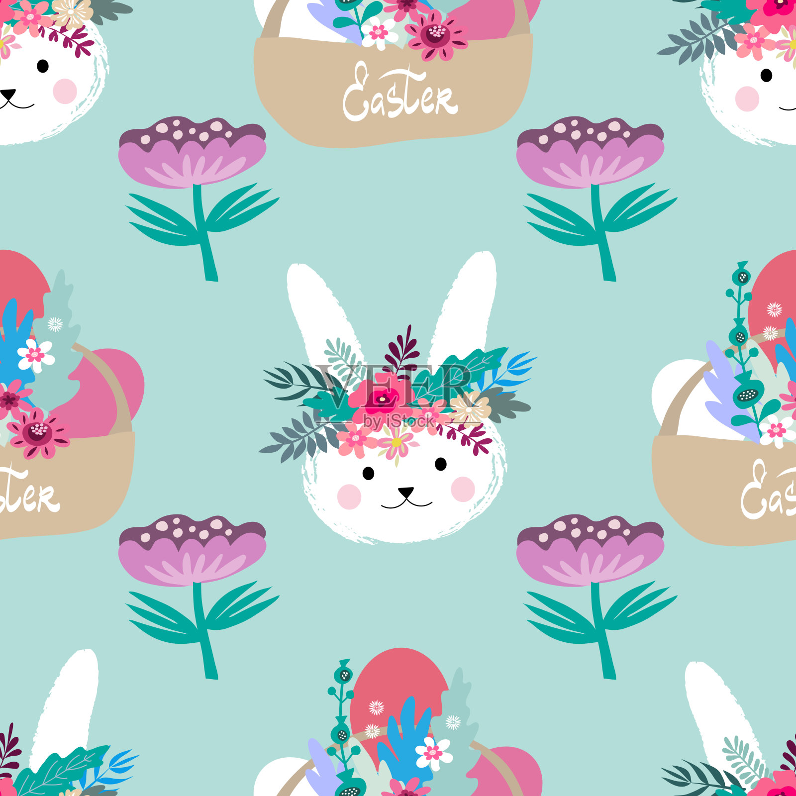 复活节美丽的节日无缝图案与复活节彩蛋，可爱的兔子插画图片素材