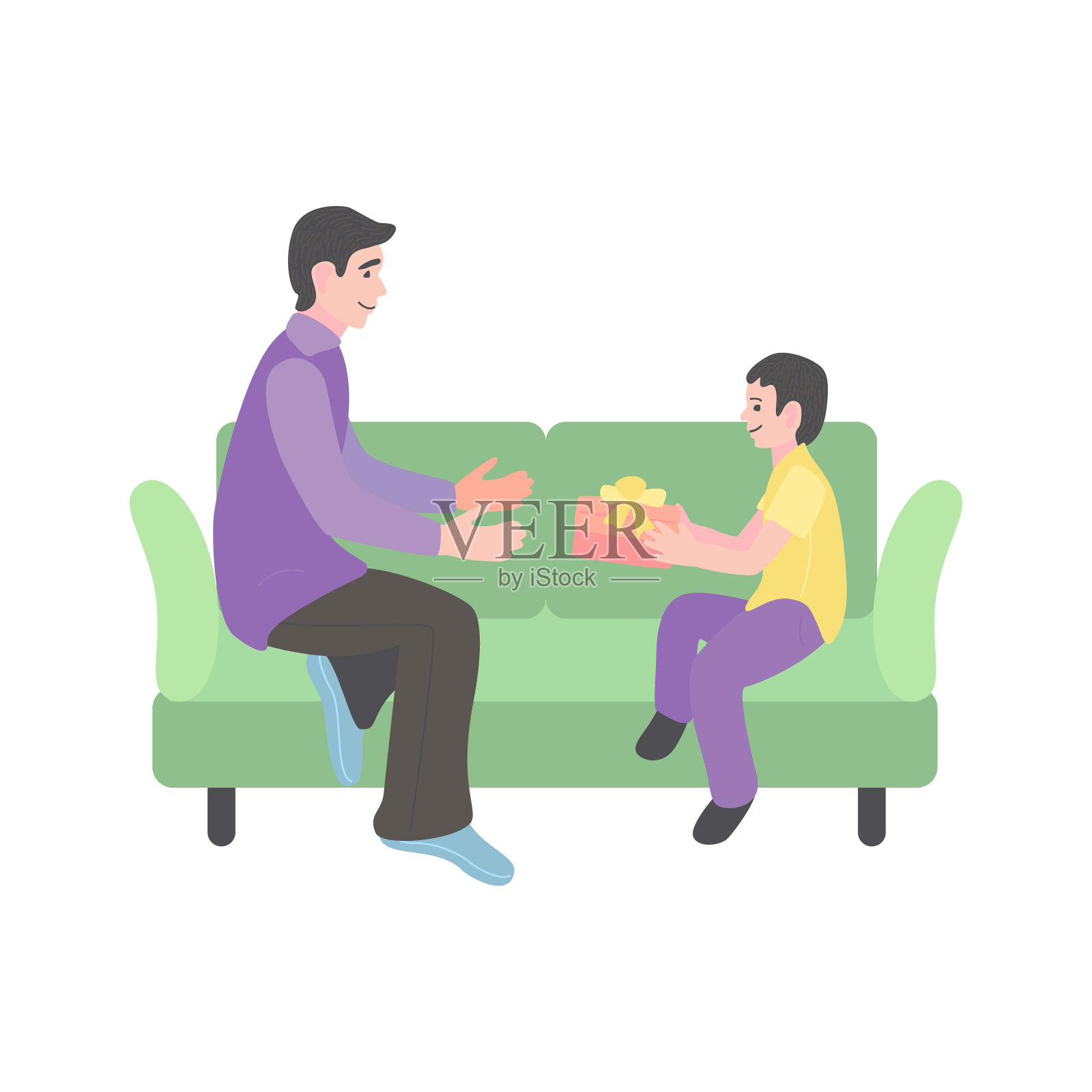 儿子给爸爸一个盒子和礼物。小男孩和男人正坐在沙发上。插画图片素材