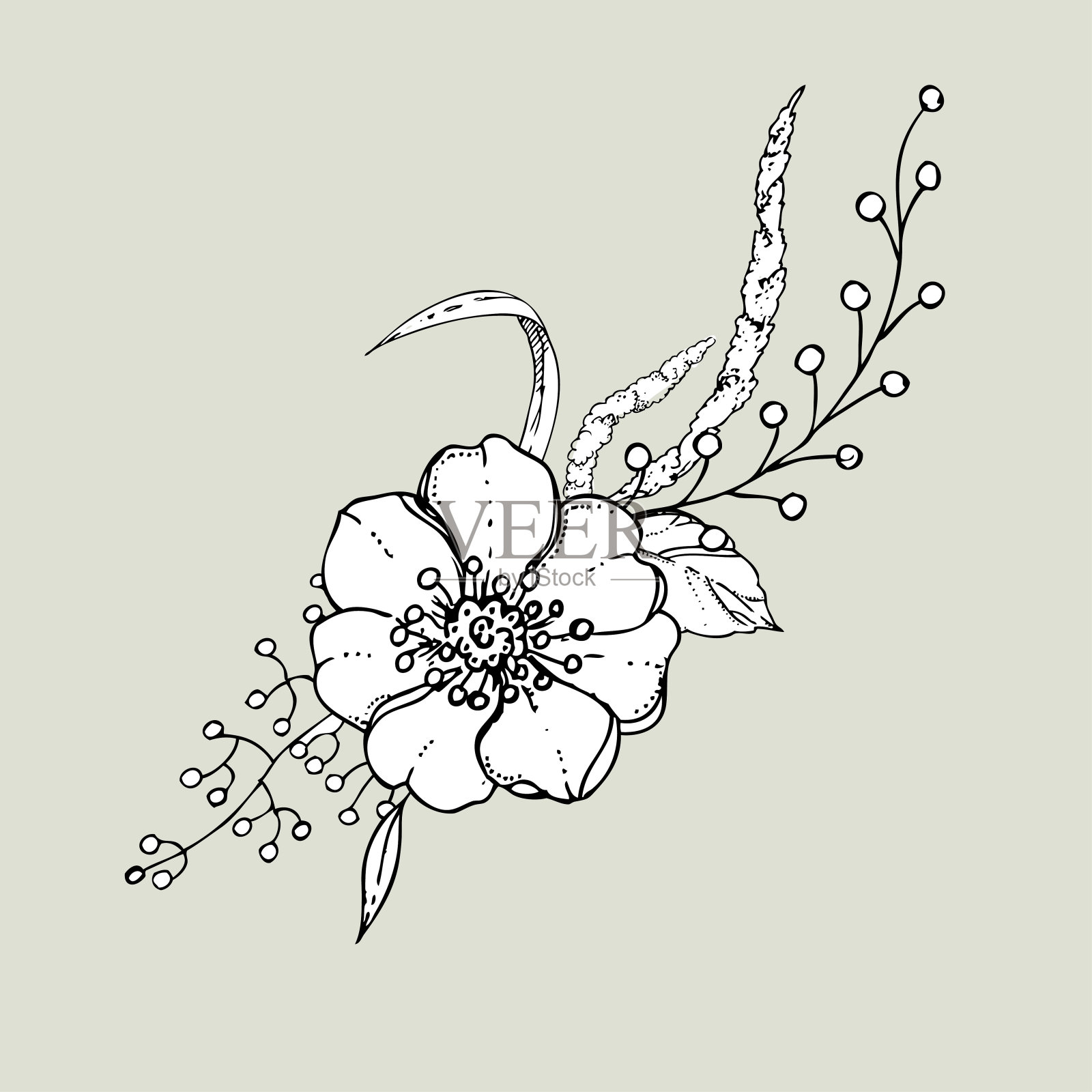 手绘墨水花卉装饰与鲜花和叶子。向量eps 10插画图片素材