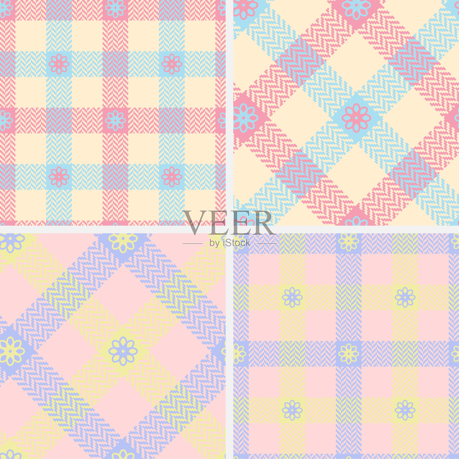 格纹人字形图案集格纹在黄色，红色，蓝色，粉红色。插画图片素材