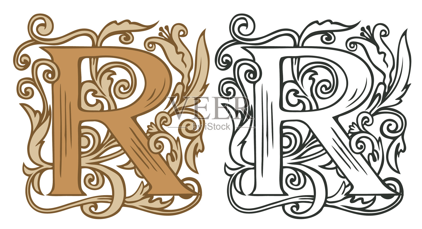 带有巴洛克装饰的复古首字母r设计元素图片