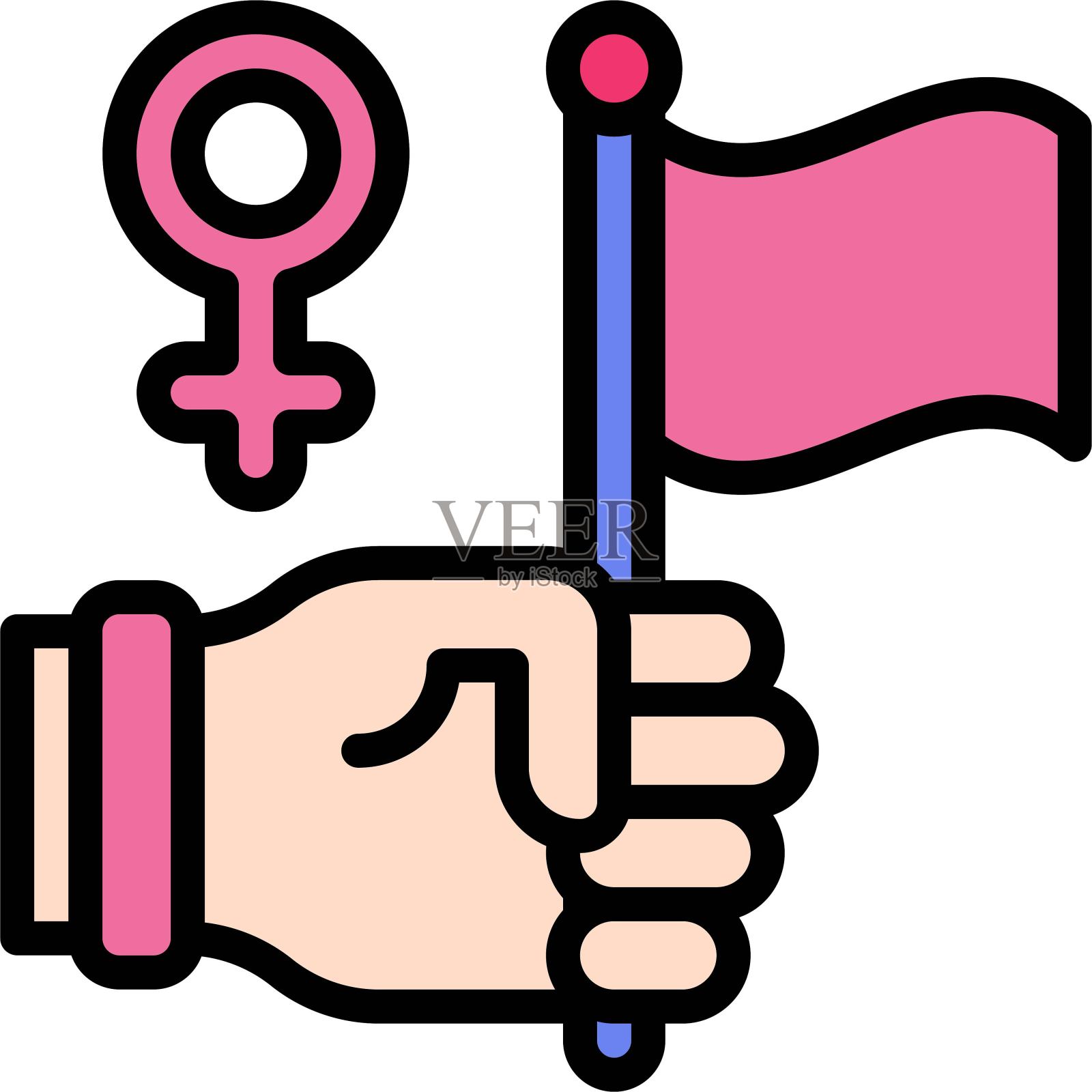 手握旗帜图标，女权主义相关向量插画图片素材