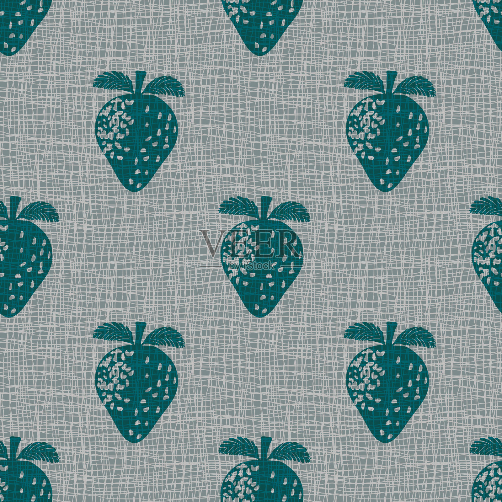 印花草莓亚麻矢量无缝图案背景。蓝绿色的水果图案融入了黑森纤维纹理的背景。编织粗麻布效果。历史风格棉织重复插画图片素材