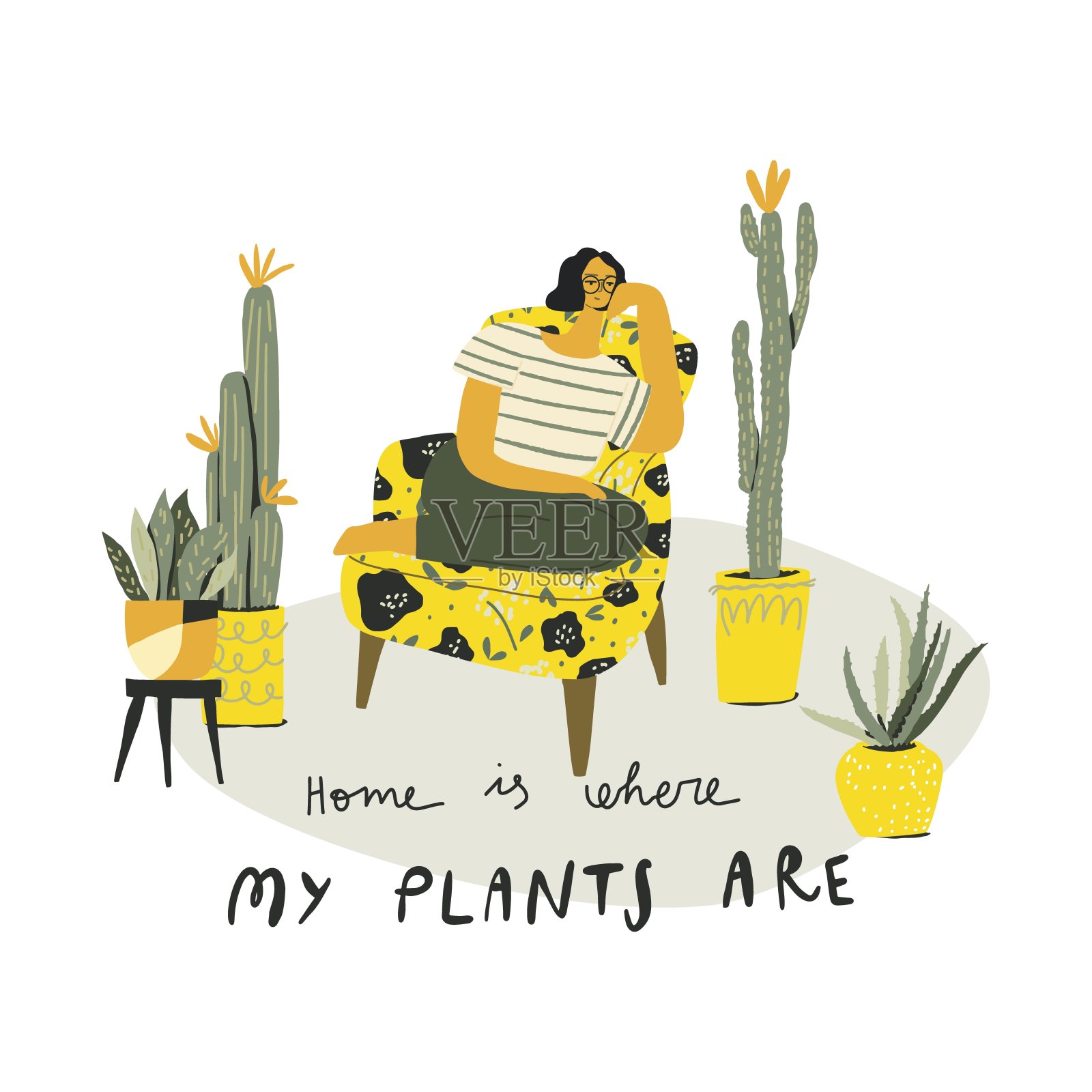 坐在扶手椅里的女人，周围都是植物。矢量图插画图片素材