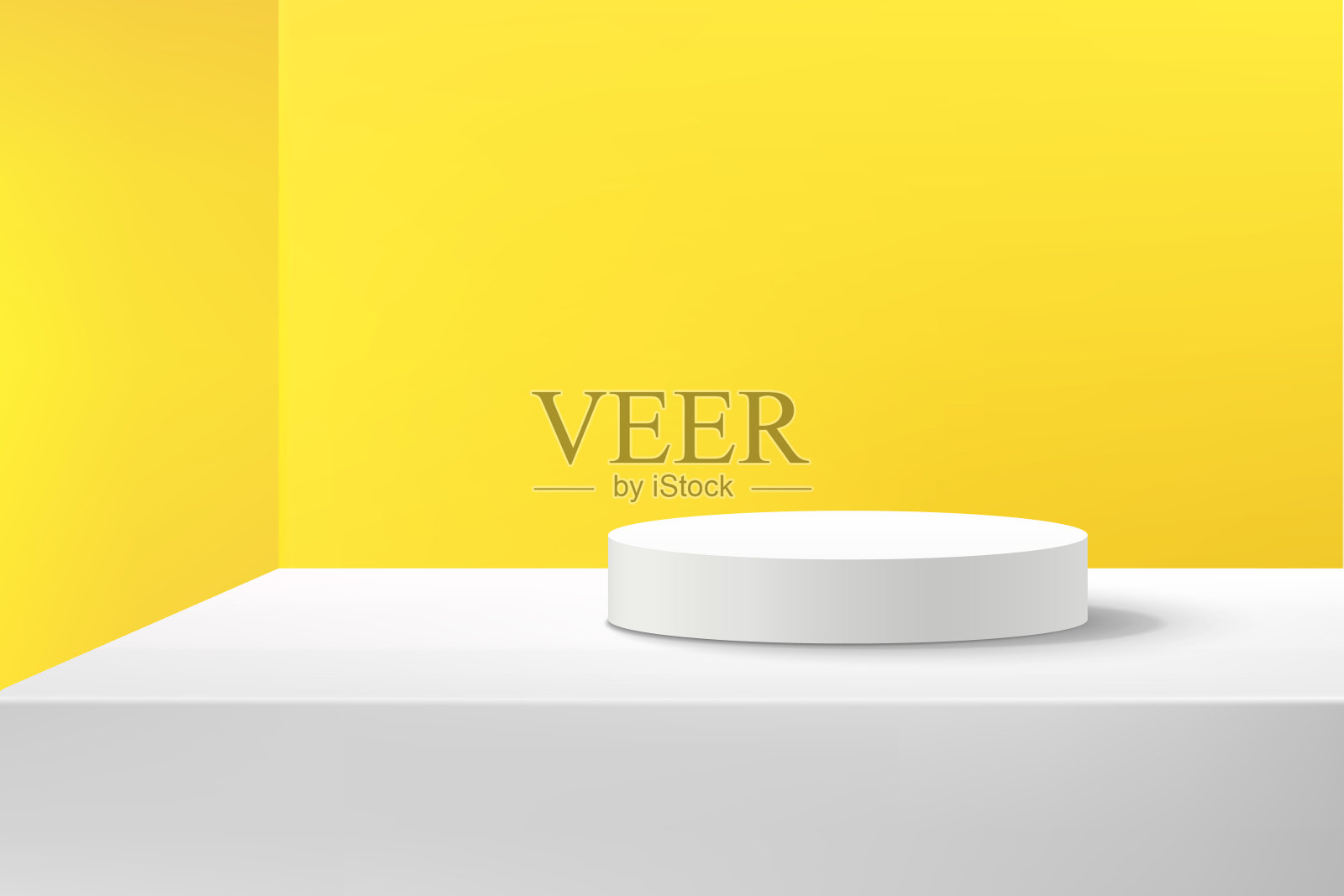 摘要矢量绘制三维图形，用于广告产品的复制空间展示。现代的白色圆形讲台，白色和黄色的空房间背景。粉彩最小工作室概念。插画图片素材