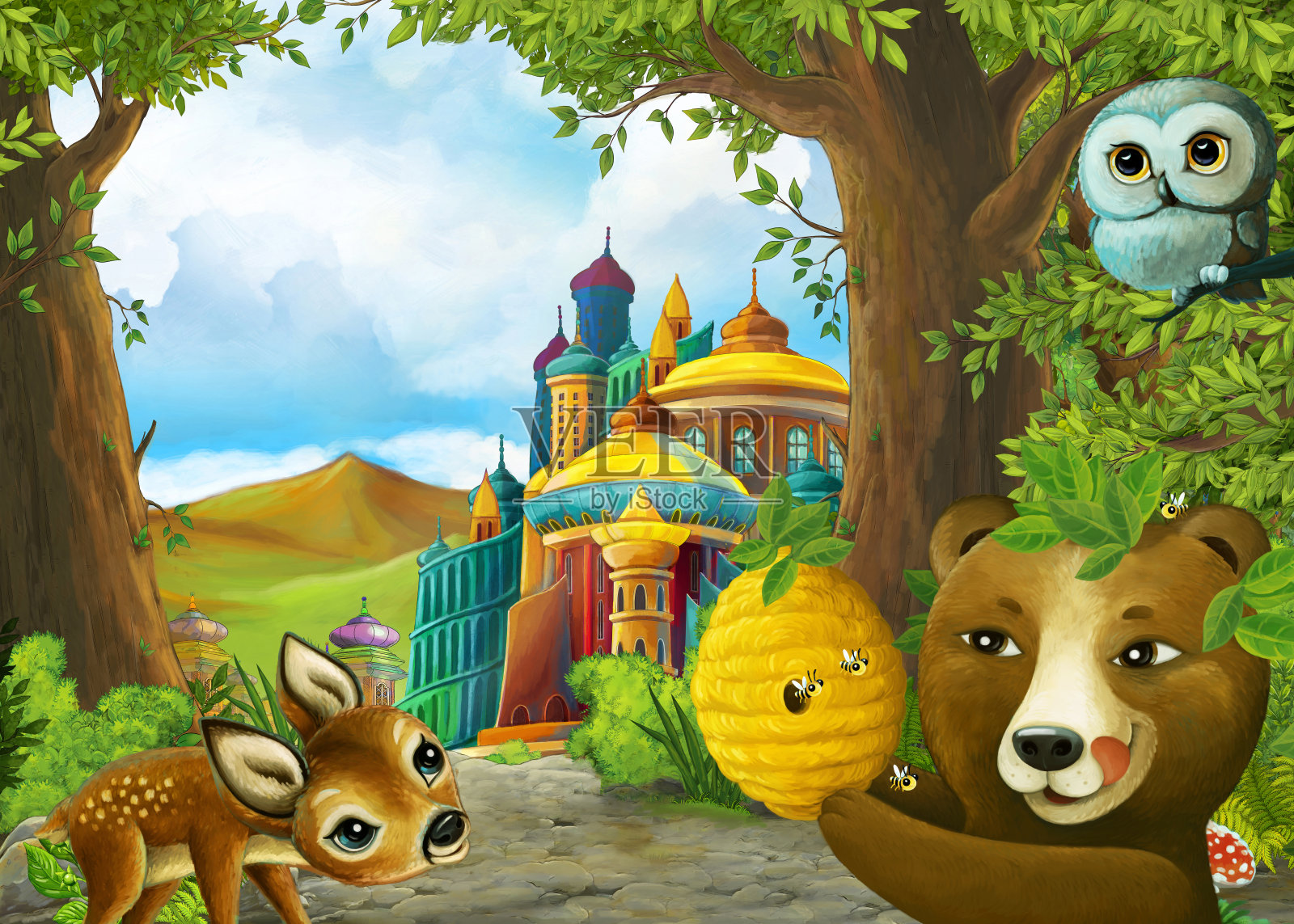 卡通自然场景附近的森林与动物的路径-插图插画图片素材