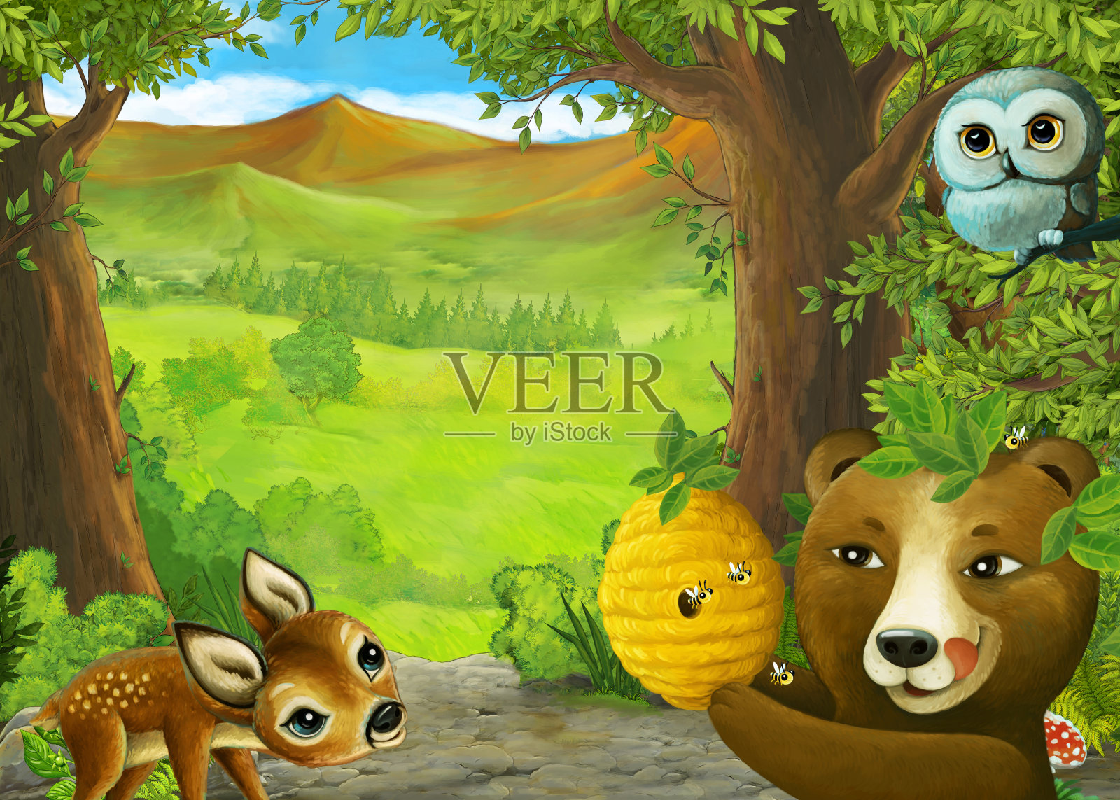 卡通自然场景附近的森林与动物的路径-插图插画图片素材