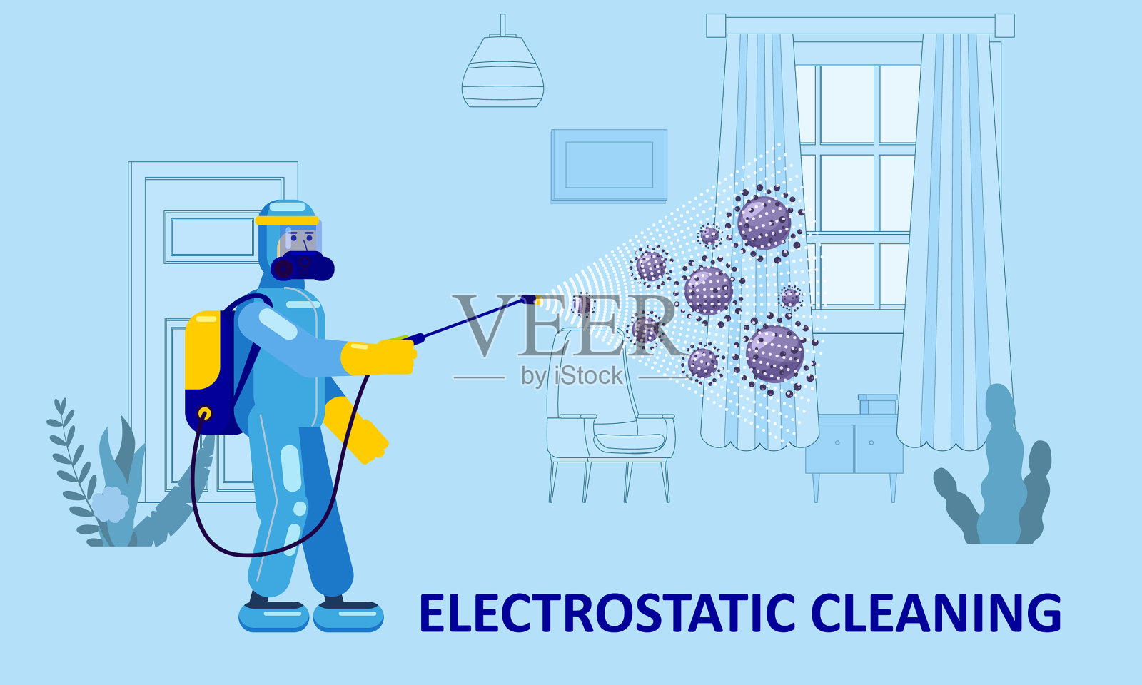 静电消毒清洁服务人员插画图片素材
