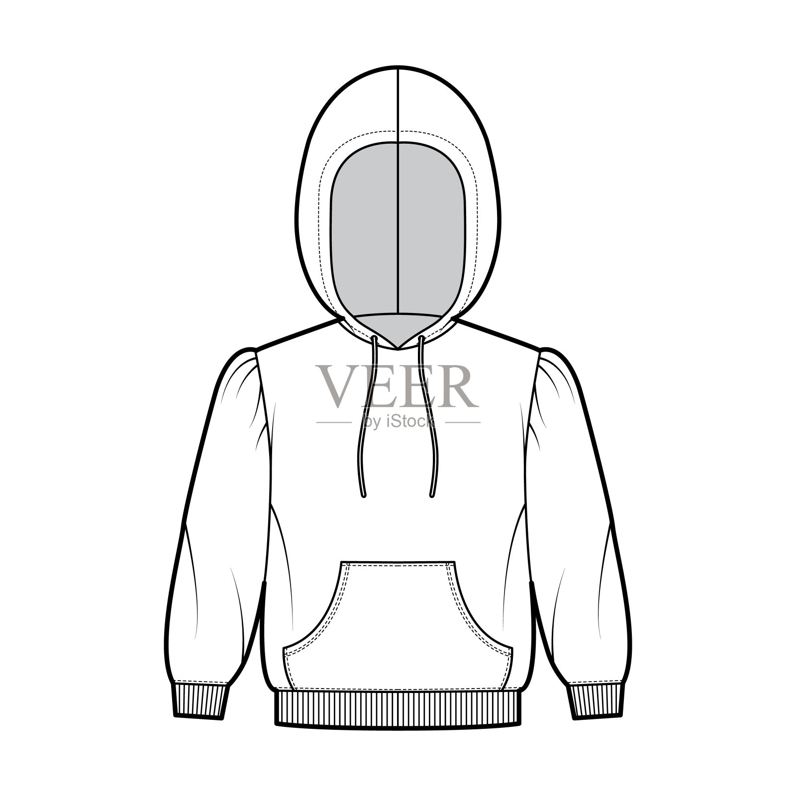 帽衫运动衫技术时尚插图与肘袖，放松身体，袋鼠袋，针织罗纹袖拉绳插画图片素材