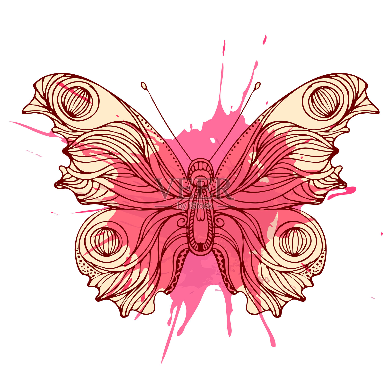 复古手绘涂鸦装饰蝴蝶飞。向量。元素在图形风格标签，卡，不干胶，菜单，包装。插画图片素材