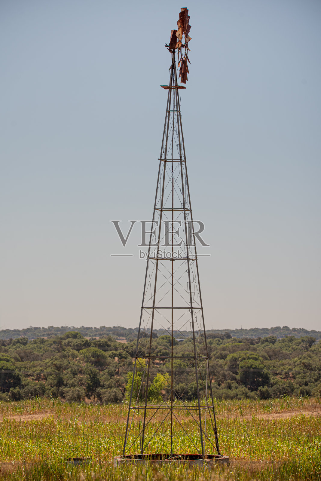 老水井与风叶片田照片摄影图片