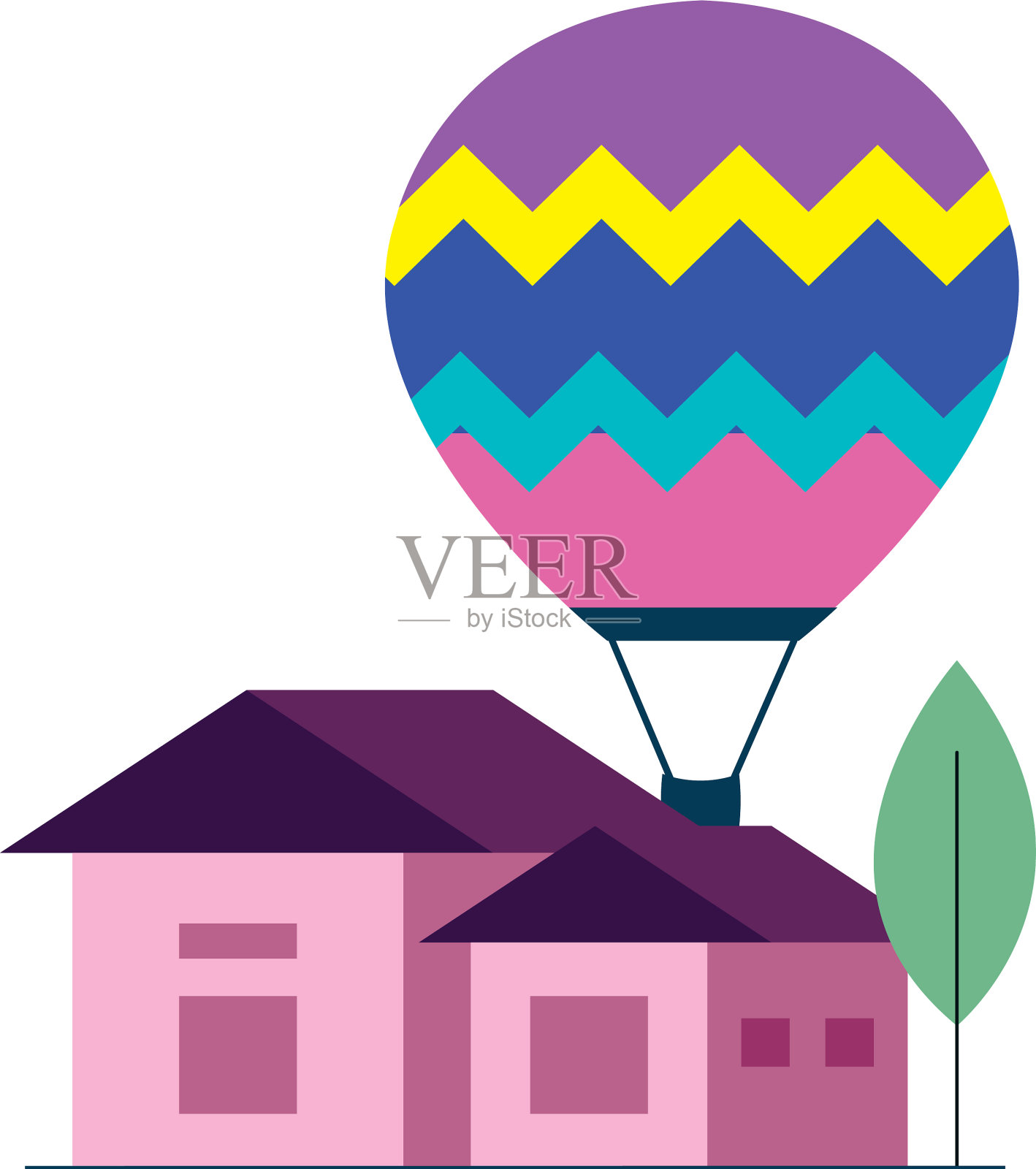 热气球粉红色的房子和树的设计设计元素图片