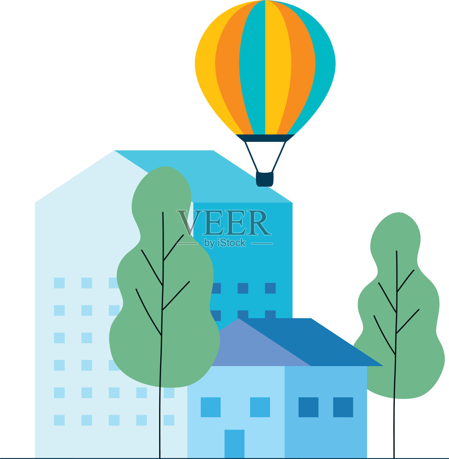 热气球，房子和树设计元素图片