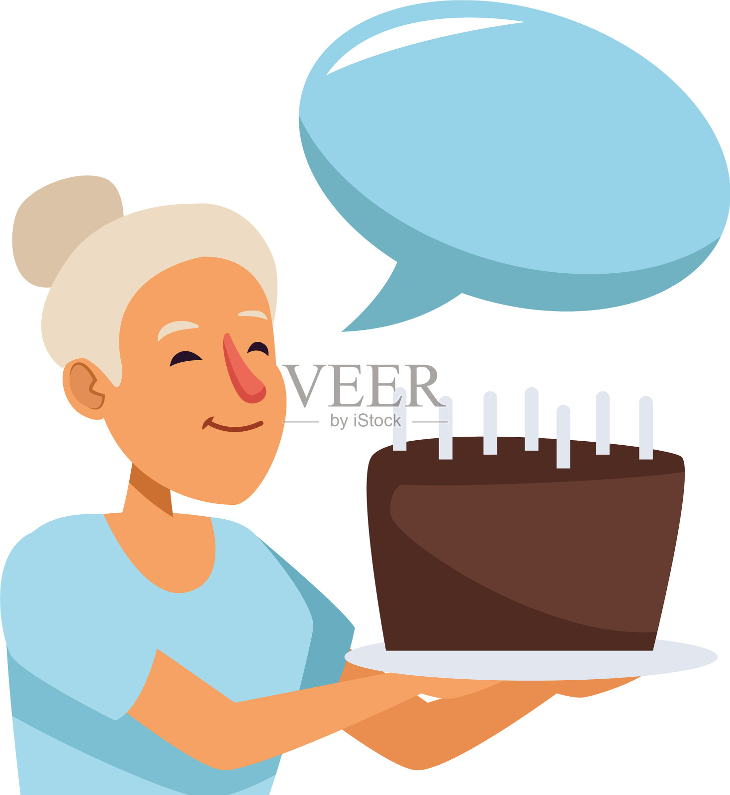 老妇人用甜蜜的蛋糕和言语泡活跃插画图片素材