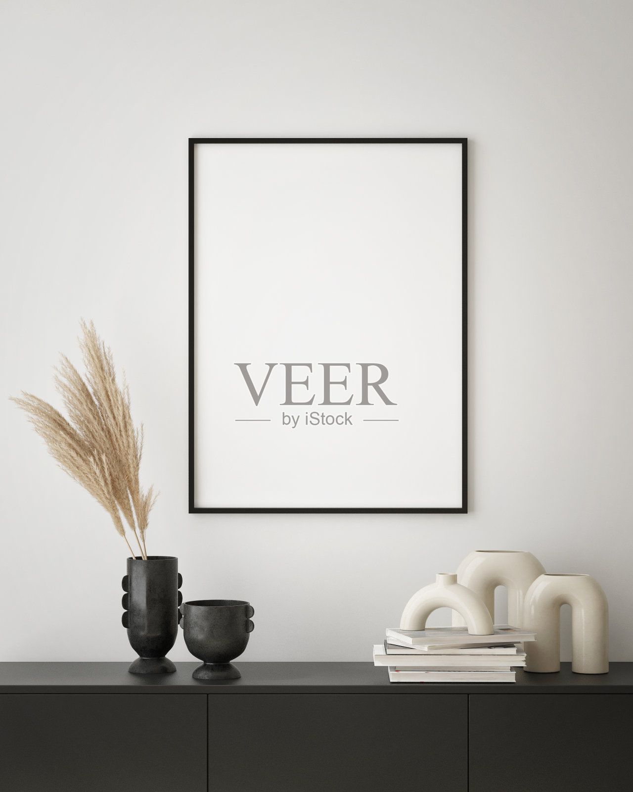 模拟海报框架在现代室内背景，装饰艺术风格，3D渲染照片摄影图片