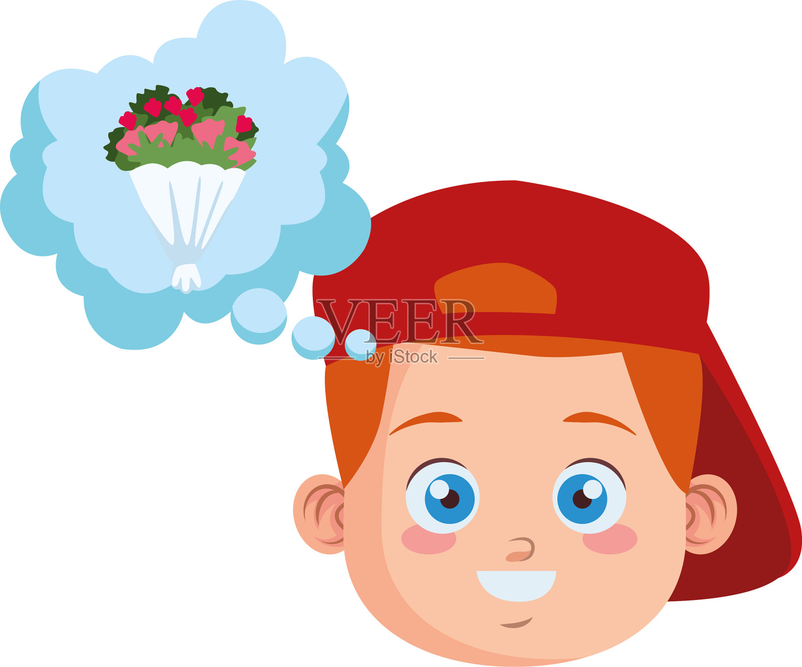 可爱的小男孩学生与运动帽思考插画图片素材