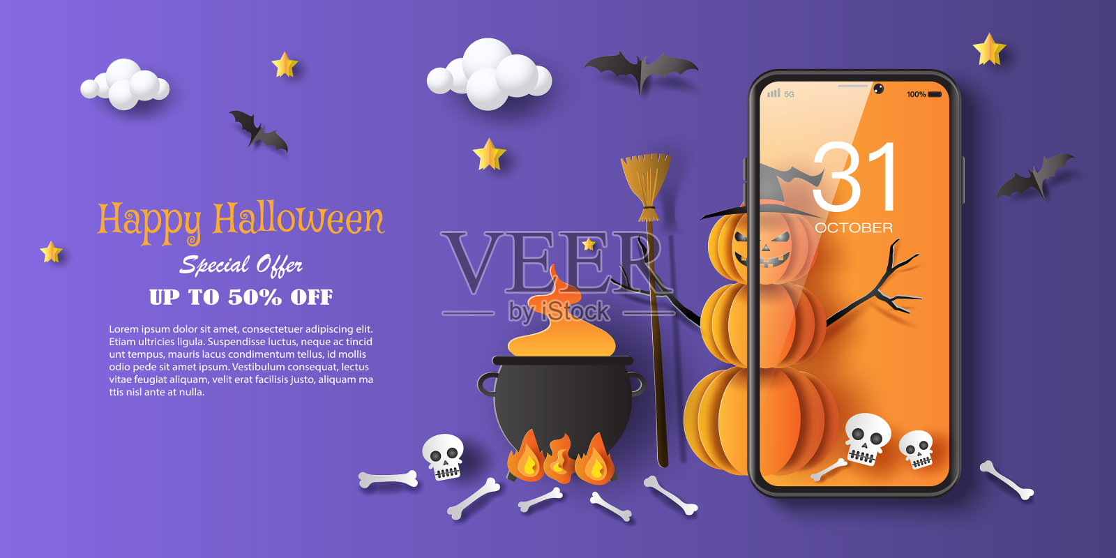 万圣节销售横幅与字母设计和设计模板素材