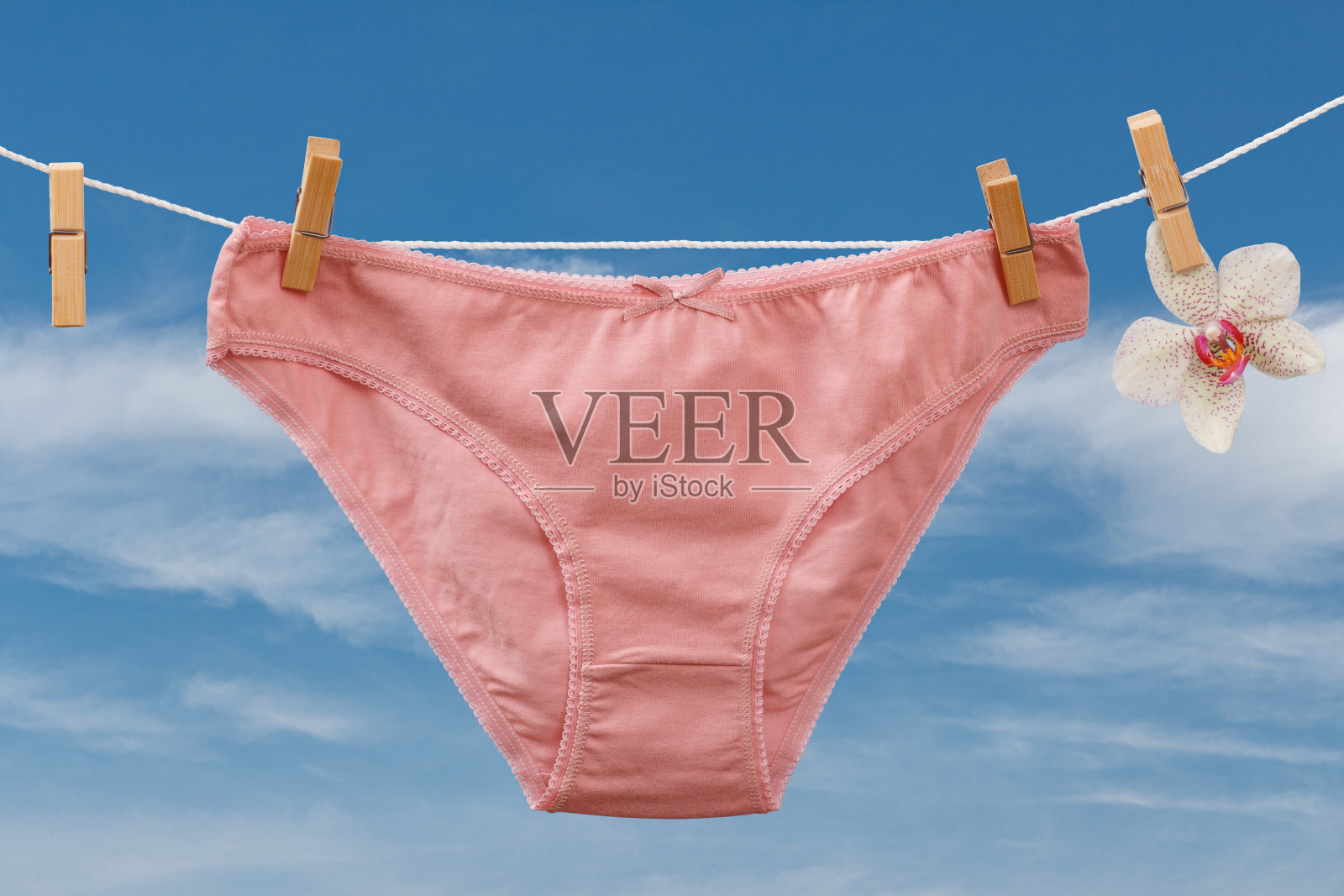 美丽的女人的棉内裤在蓝天的背景。照片摄影图片