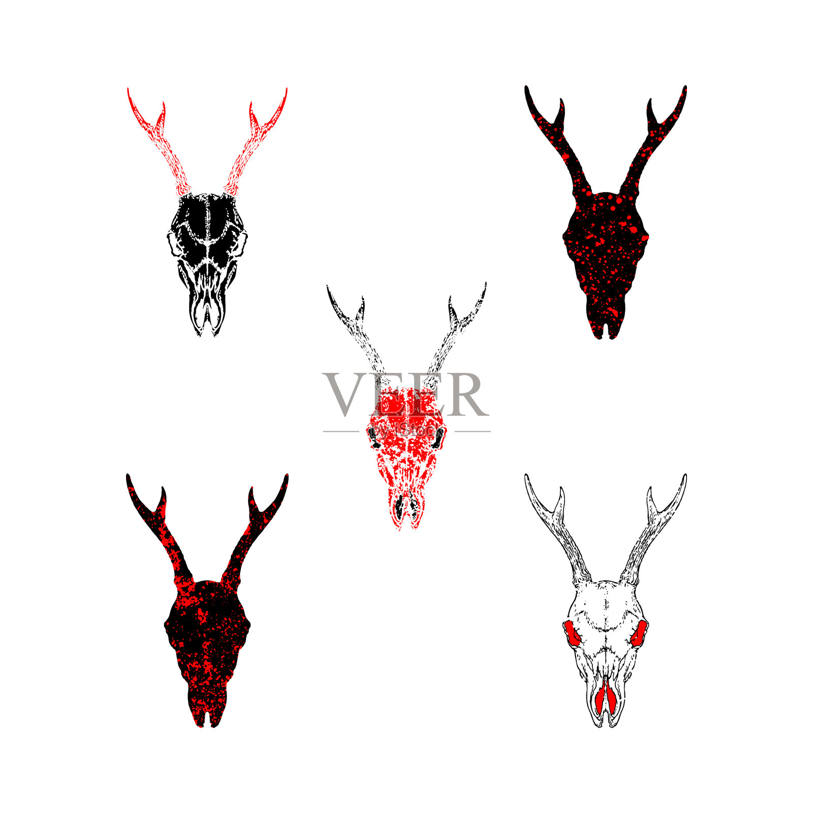 设置手绘头骨狍子鹿与grunge插画图片素材
