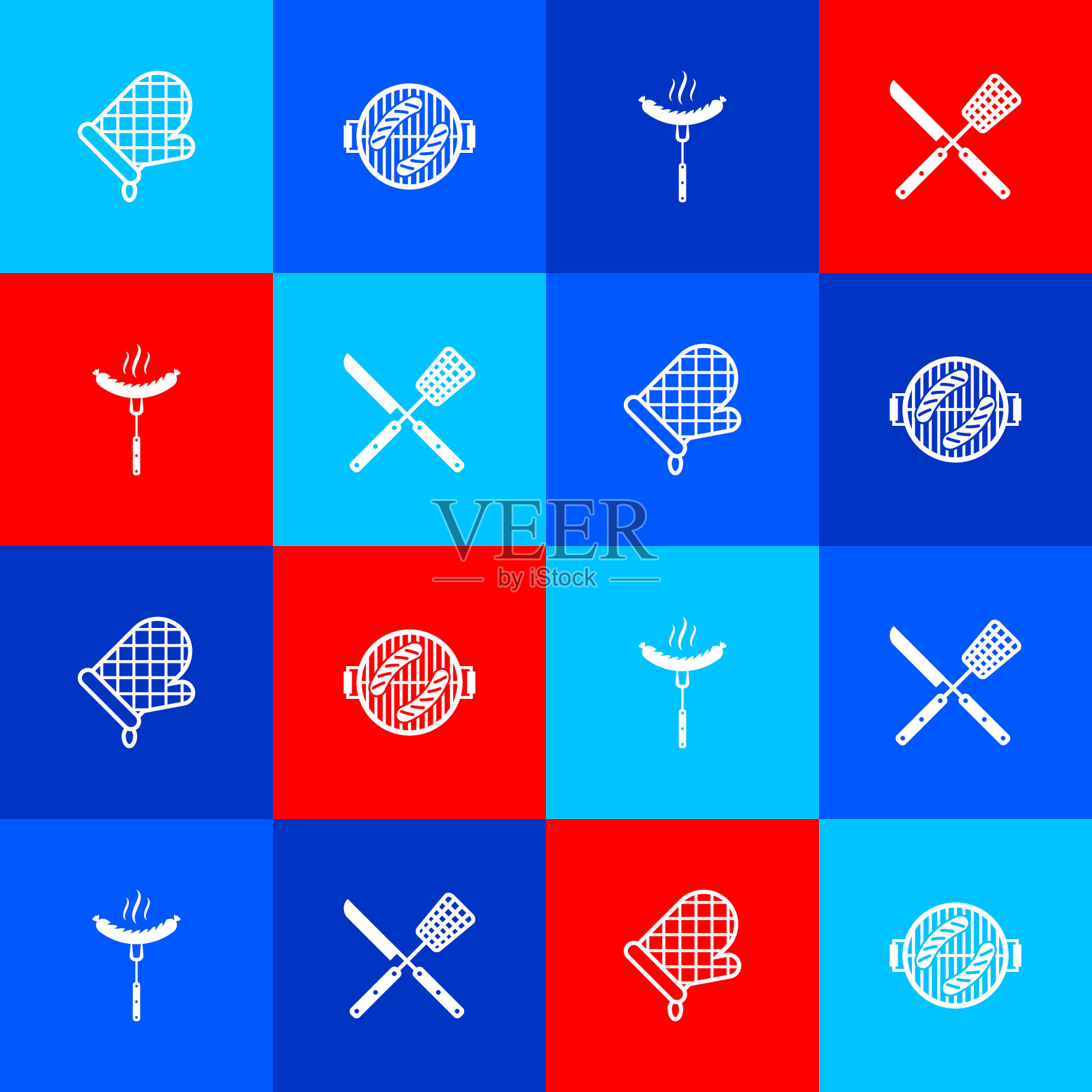 把烤炉手套和香肠放在烤架上图标素材