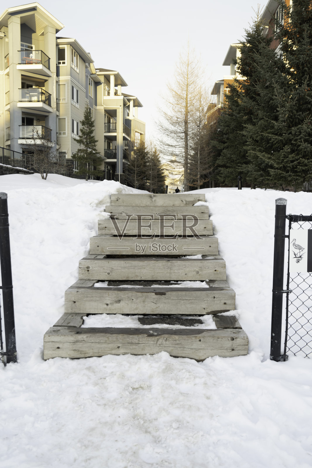 公寓楼群之间的步行道，供步行和锻炼照片摄影图片