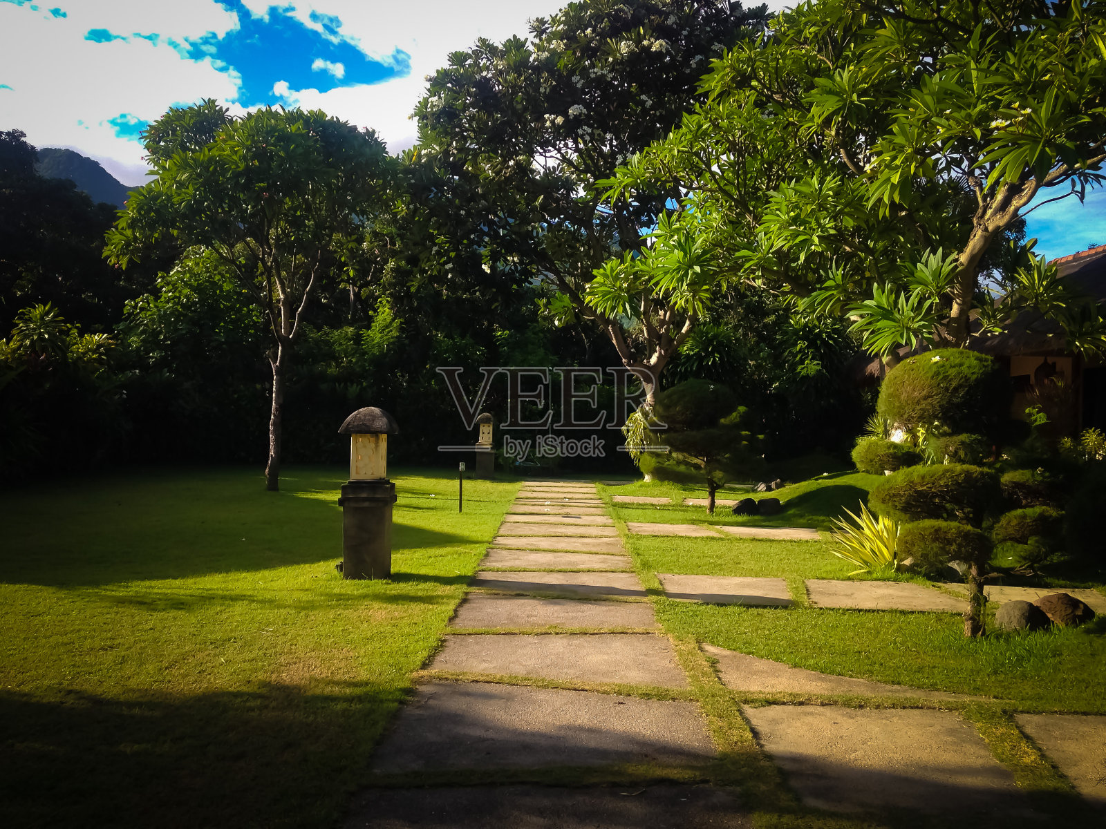 在一个阳光明媚的早晨，佩母兰村度假村的庭院花园小径照片摄影图片