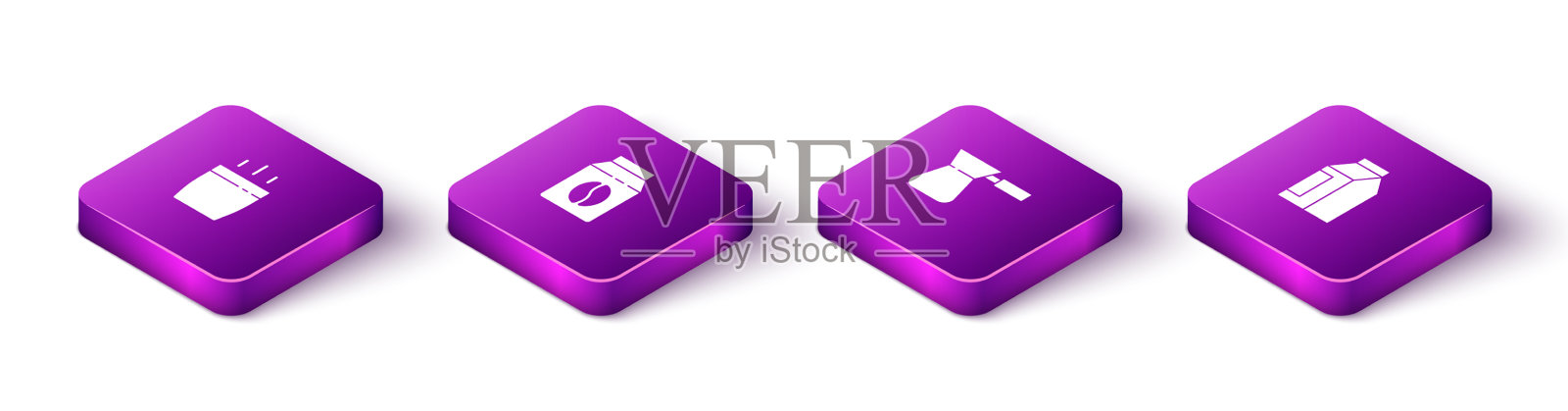 设定等距咖啡杯袋咖啡豆塔克图标素材